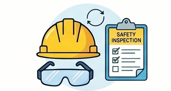 Yellow safety hard hat with safety glasses and a safety inspection clipboard with checked items