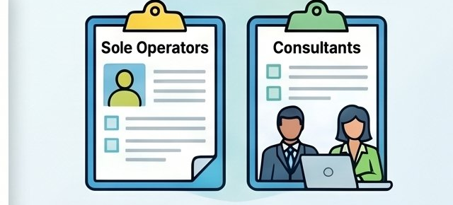 Two clipboards labelled Sole Operators and Consultants with figures of professionals beneath each