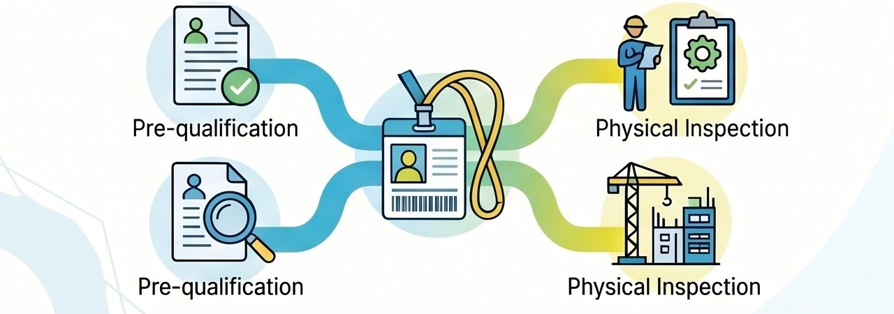 Flow diagram: pre-qualification documents on the left connect via coloured ribbons to a central ID badge, which connects onward to physical inspection icons on the right